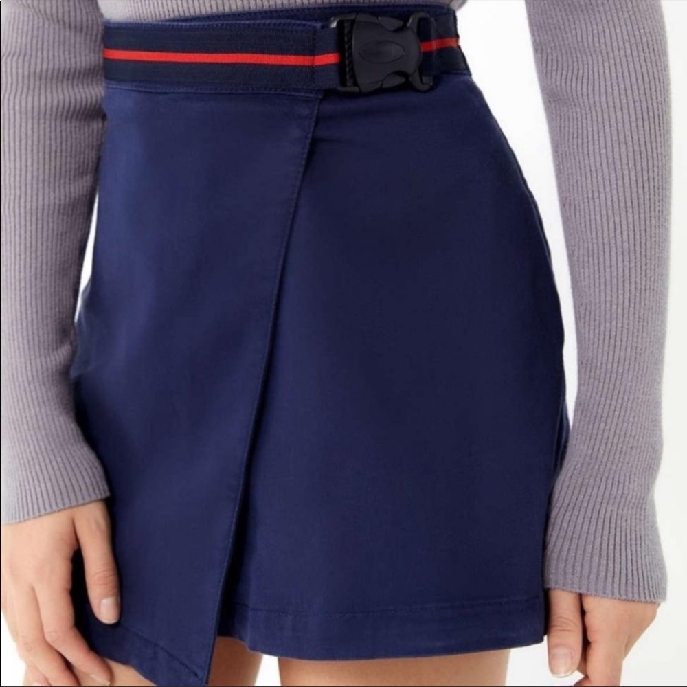 red and navy blue asymmetrical urban outfitters skirt.
